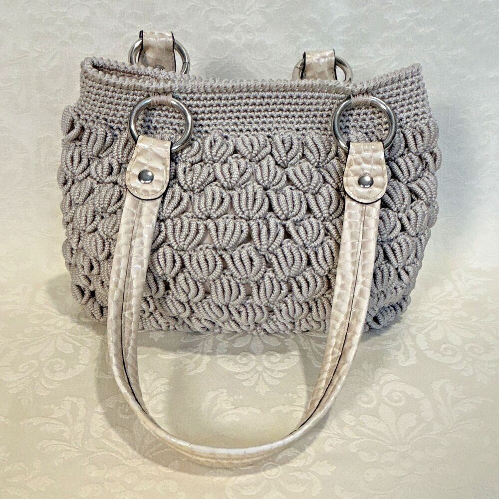Handmade Crochet Shoulder Bag Taupe Grey Knit Tote Purse Faux Croc Straps Boho